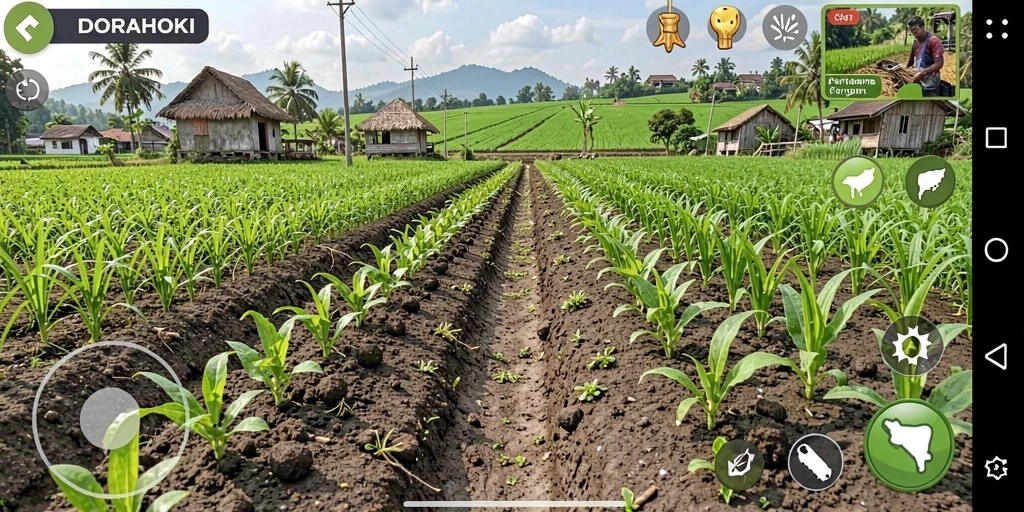 Tangkapan layar gameplay DORAHOKI menampilkan aktivitas pertanian yang menyenangkan.