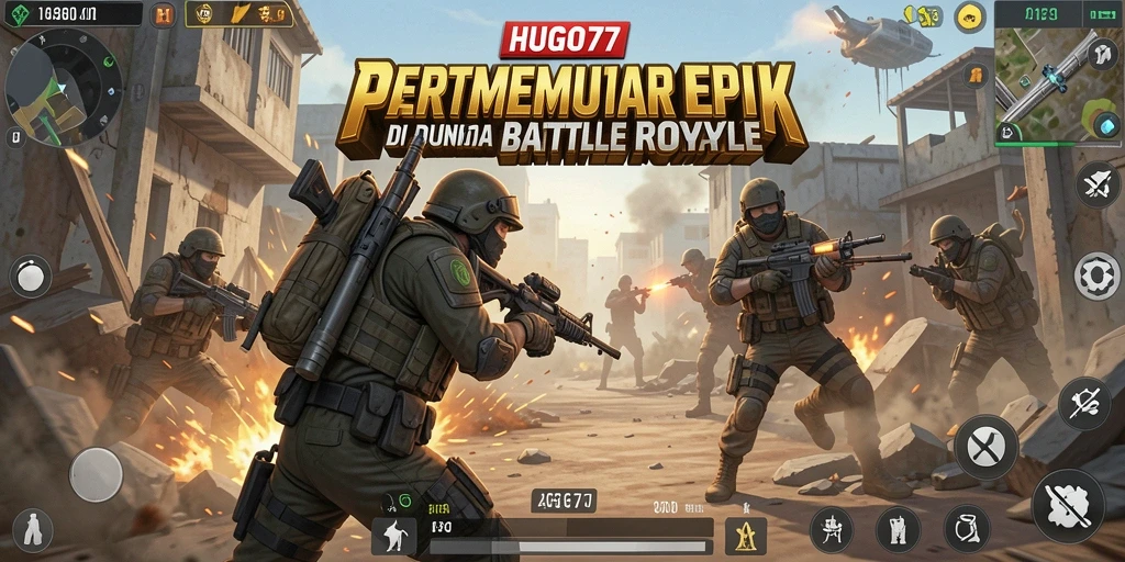 Screenshot gameplay HUGO77 menampilkan pertempuran intens dalam mode Battle Royale.