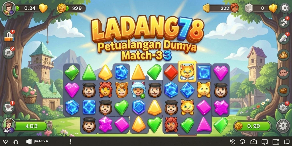 Tangkapan layar gameplay <strong>LADANG78</strong> yang menampilkan permata berwarna-warni dalam aksi Match-3.