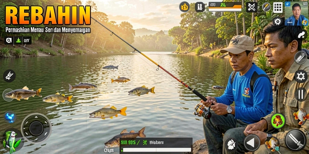 Screenshot utama REBAHIN menampilkan gameplay memancing yang seru dan interaktif.