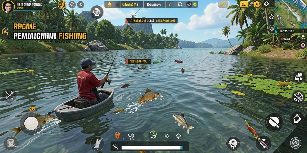 Tampilan gameplay RP99 dengan berbagai lokasi memancing yang indah.