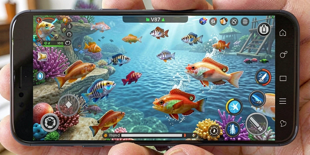 Tangkapan layar gameplay V87 menampilkan aksi seru Tembak Ikan.