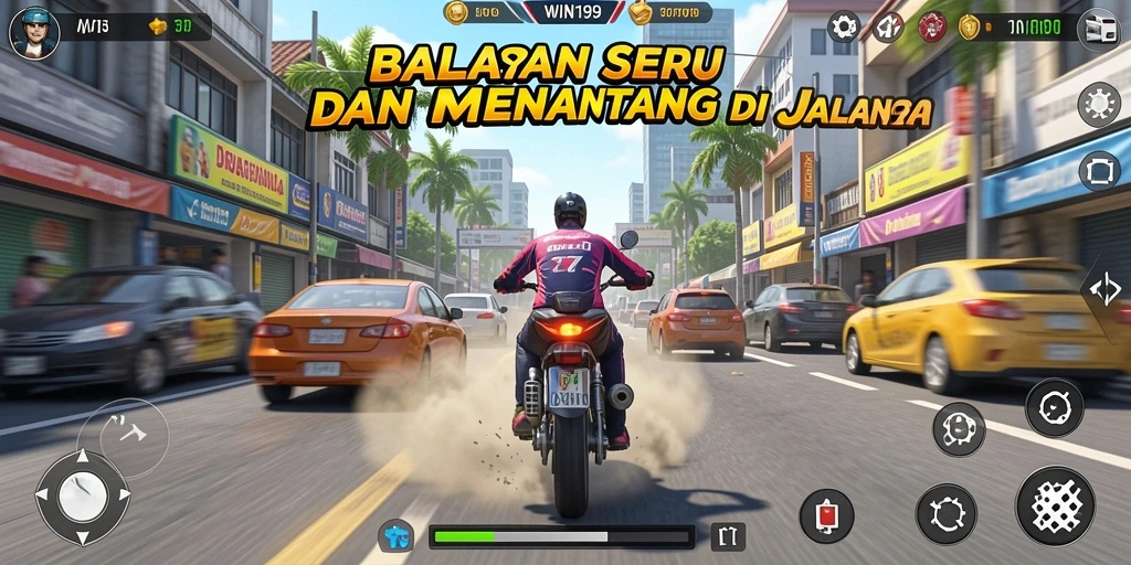 Screenshot gameplay <strong>WIN199</strong> menunjukkan aksi balapan di jalan yang penuh tantangan.